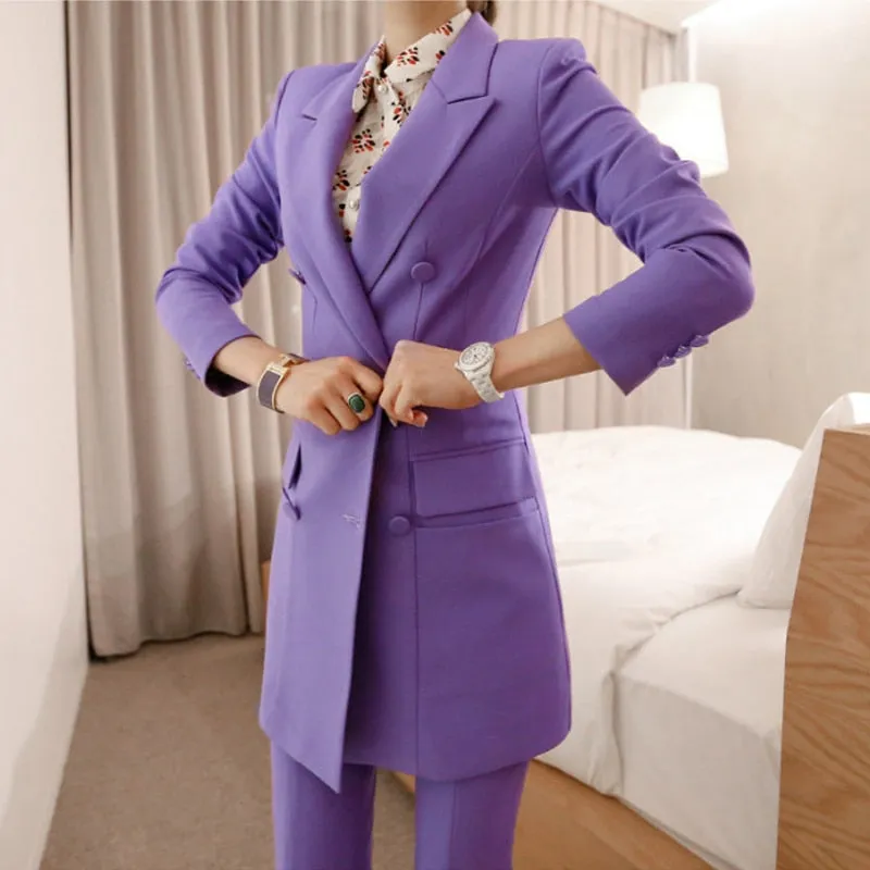 2-Piece Double Breasted Women's Pantsuit with Pant and Long Blazer Jacket