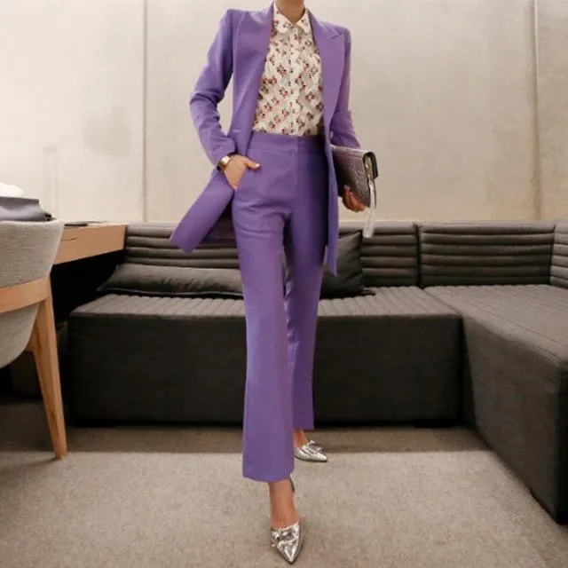 2-Piece Double Breasted Women's Pantsuit with Pant and Long Blazer Jacket