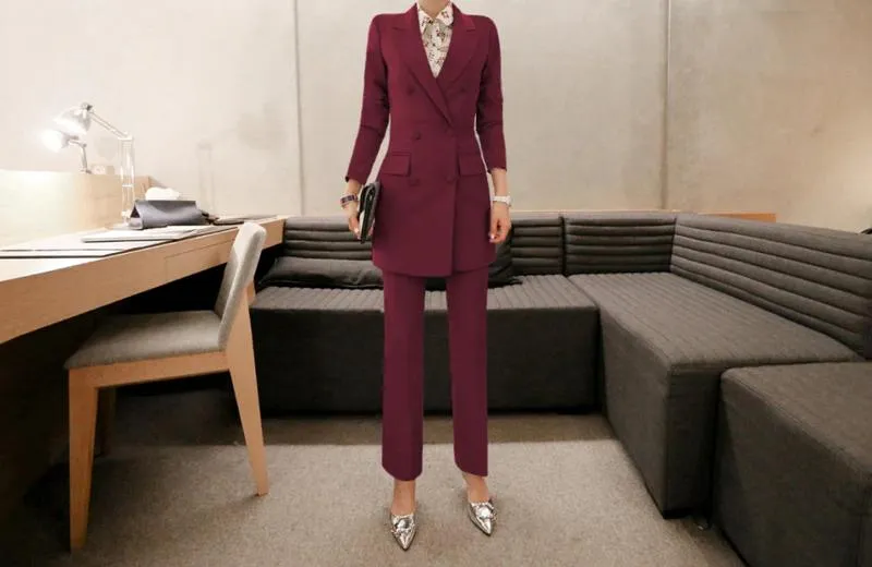 2-Piece Double Breasted Women's Pantsuit with Pant and Long Blazer Jacket