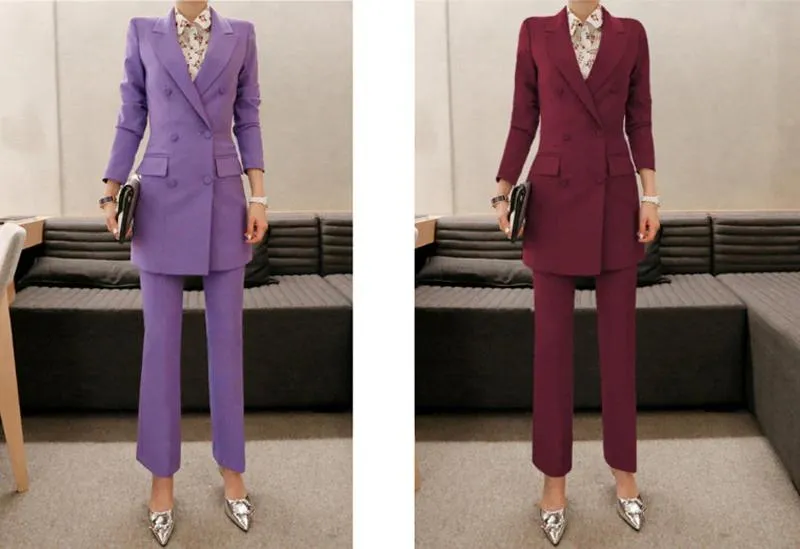 2-Piece Double Breasted Women's Pantsuit with Pant and Long Blazer Jacket