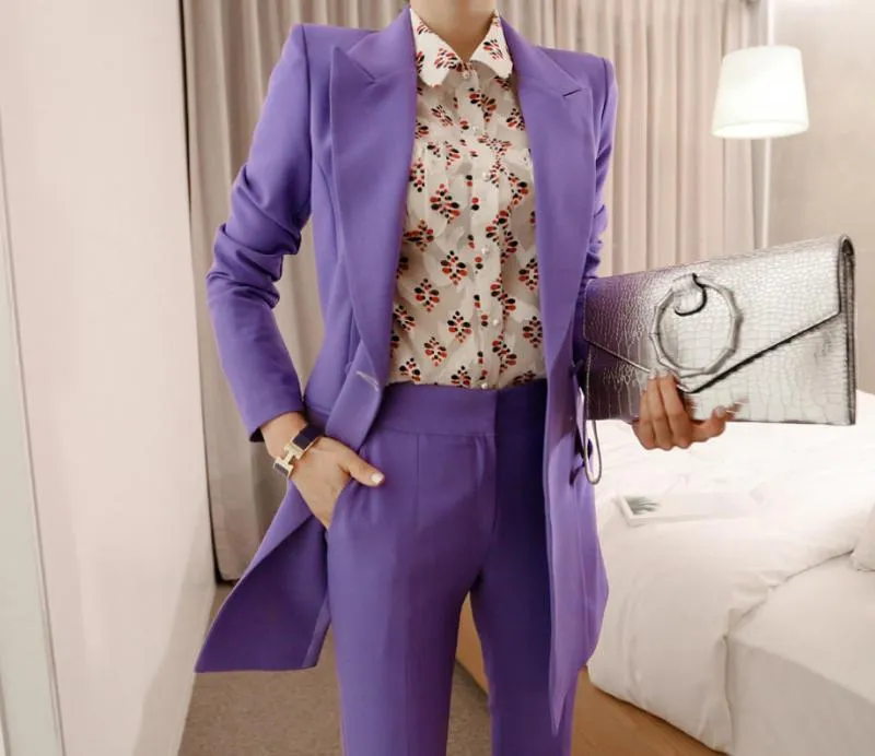 2-Piece Double Breasted Women's Pantsuit with Pant and Long Blazer Jacket