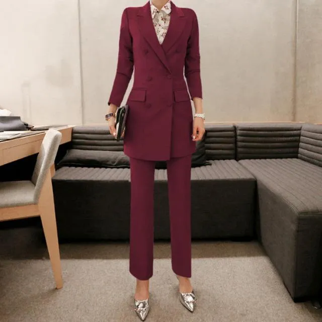 2-Piece Double Breasted Women's Pantsuit with Pant and Long Blazer Jacket