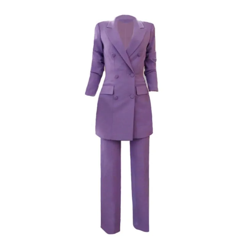 2-Piece Double Breasted Women's Pantsuit with Pant and Long Blazer Jacket