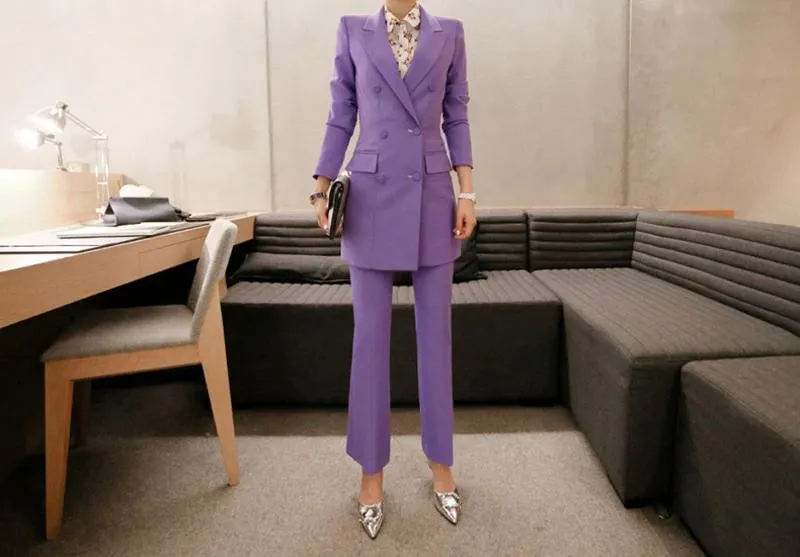 2-Piece Double Breasted Women's Pantsuit with Pant and Long Blazer Jacket