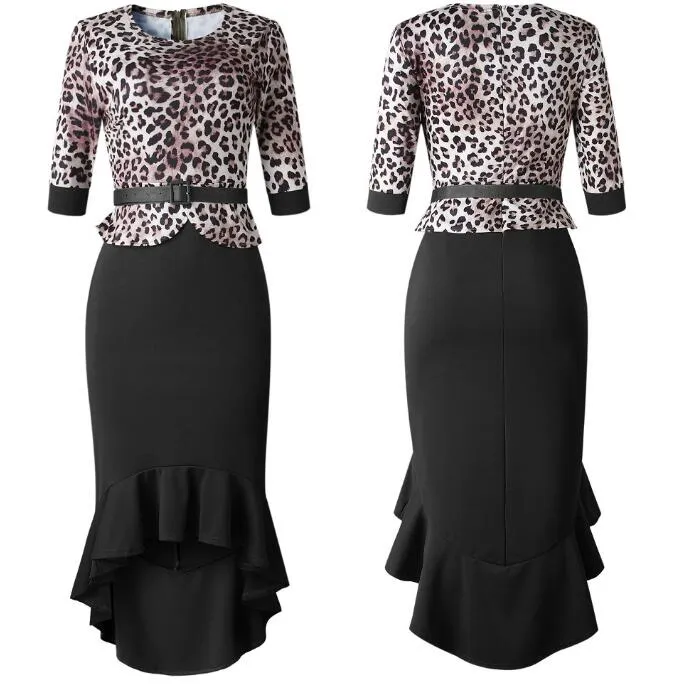 2021 Women's Office Lady Dress Leopard-print stitching fishtail dress (send belt) African women's dress