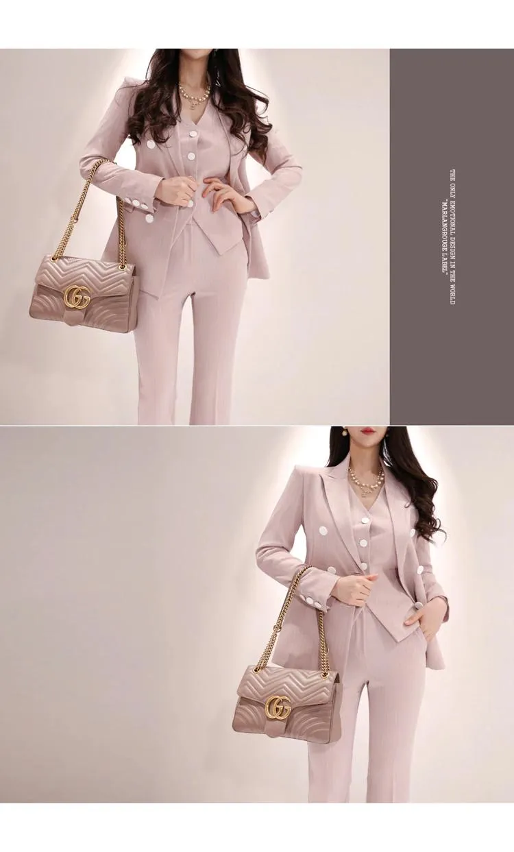 3-Piece Double-Breasted Patchwork Slim Blazer High Waist Women’s Suit