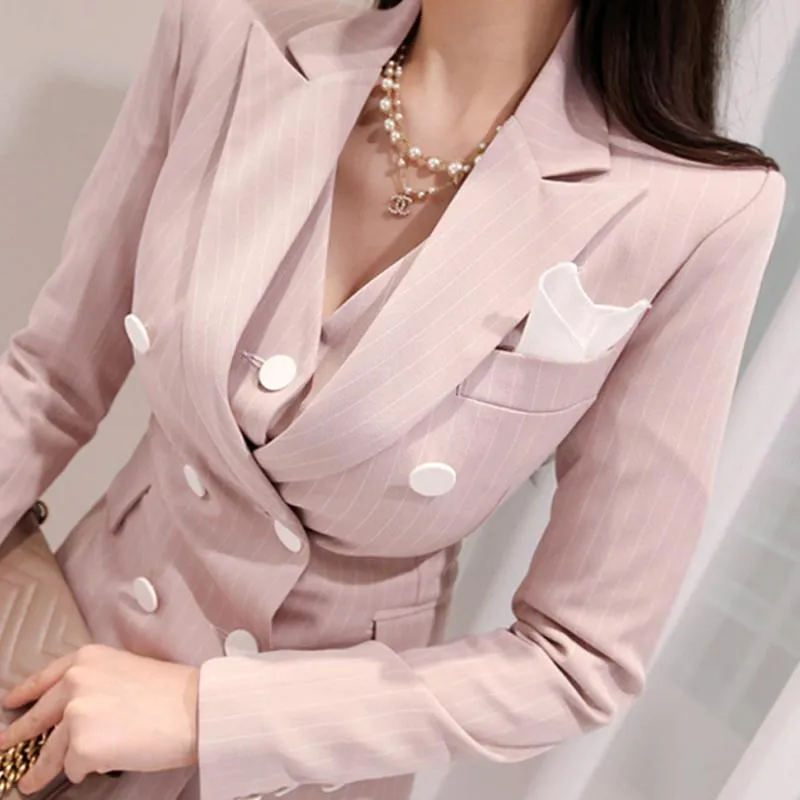 3-Piece Double-Breasted Patchwork Slim Blazer High Waist Women’s Suit