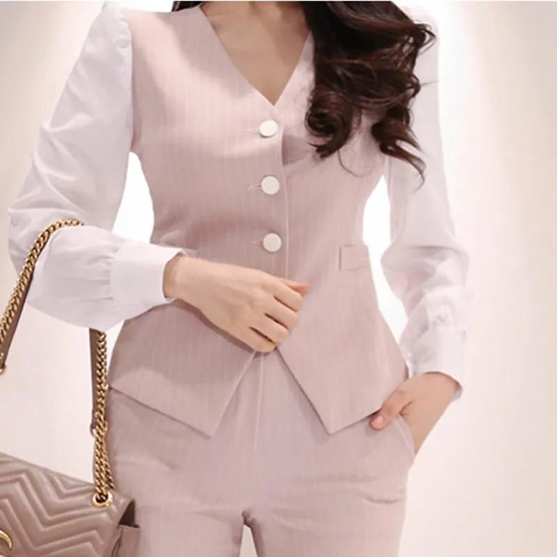 3-Piece Double-Breasted Patchwork Slim Blazer High Waist Women’s Suit