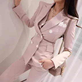 3-Piece Double-Breasted Patchwork Slim Blazer High Waist Women’s Suit