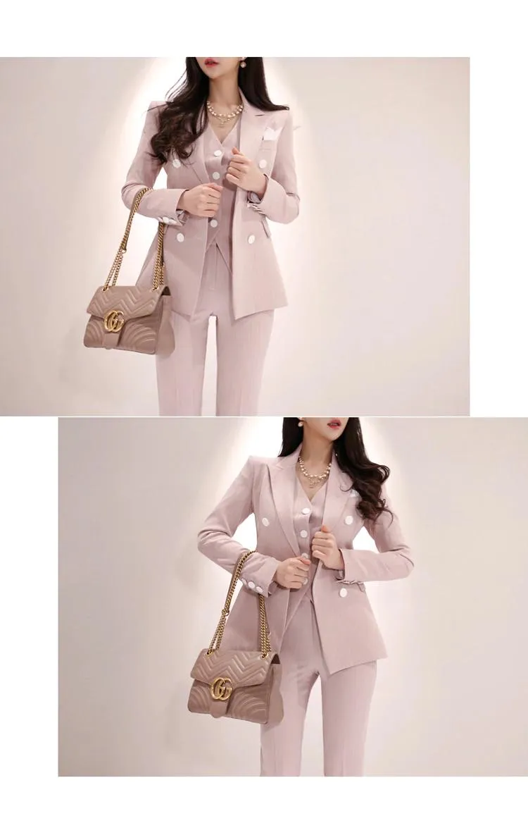 3-Piece Double-Breasted Patchwork Slim Blazer High Waist Women’s Suit