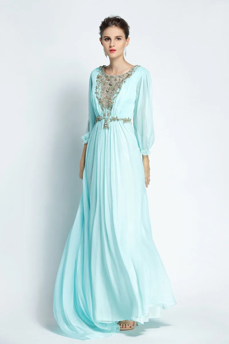 A-Line Floor-length Sweep Brush Train Bateau Chiffon Long Sleeve Prom Dress with Beading and Pleats-334100