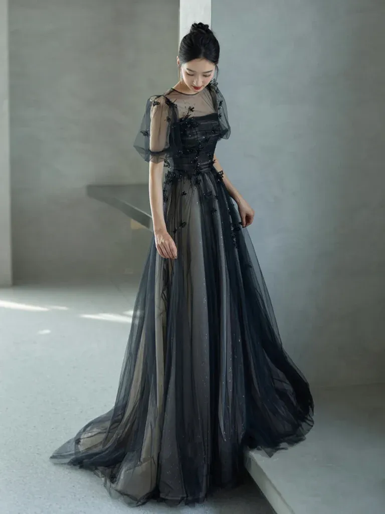 A-Line Short Sleeves Tulle Formal Long Prom Dress,DP1087