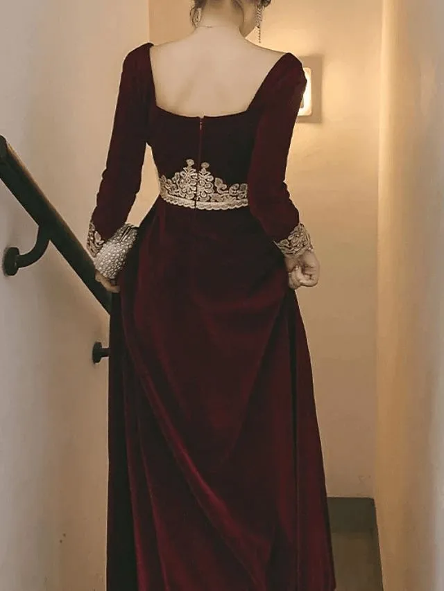 A-Line Vintage Formal Velvet Evening Dress with Appliques Long Sleeve Dinner Dresses,DP581