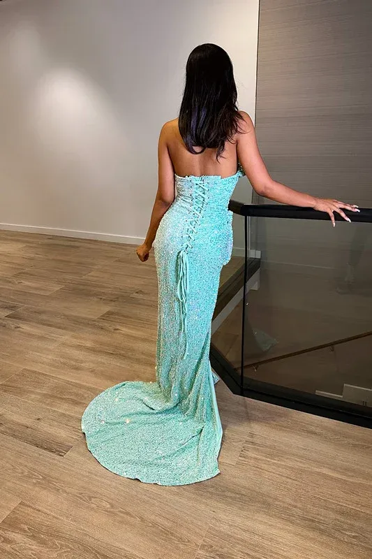 Baby Blue Sequins V Neck Strapless Long Evening Dress with Slit,DP1583