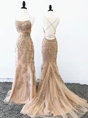 Backless Mermaid Champagne Lace Prom Dresses, Champagne Backless Mermaid Lace Formal Evening Dresses,DS4960