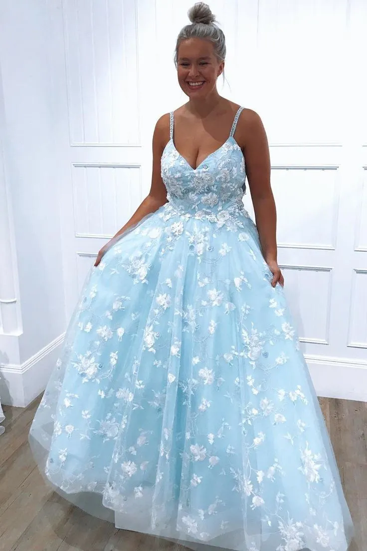 Beaded Straps Floral Appliques Light Blue Long Prom Dress,DP656