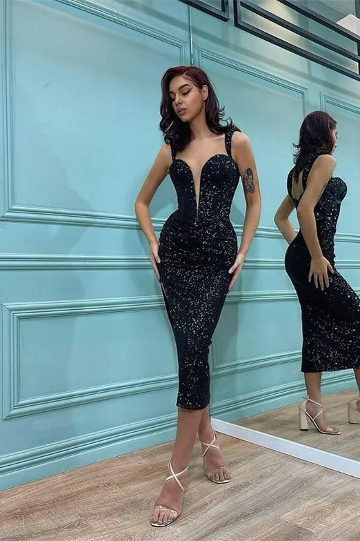 Black Elegant Mermaid Sequins Straps Prom Dress,DP0114