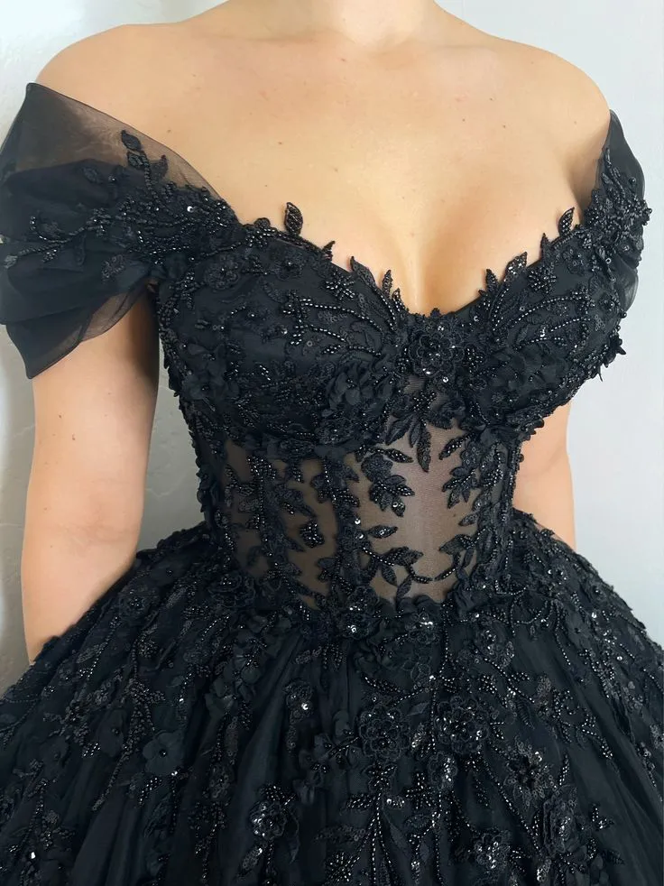 Black Gothic Floral Beaded Corset Tulle Alternative Wedding Dress Long Prom Dress,DP834