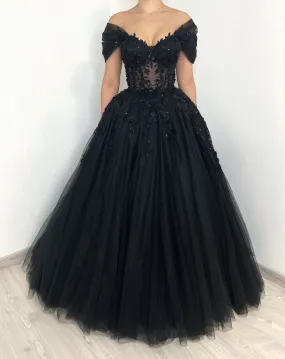 Black Gothic Floral Beaded Corset Tulle Alternative Wedding Dress Long Prom Dress,DP834