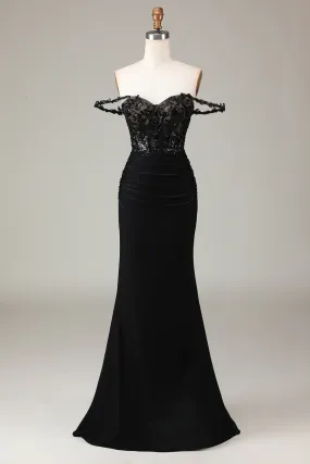 Black Off Shoulder Mermaid Beading Prom Party Dress,DP1068