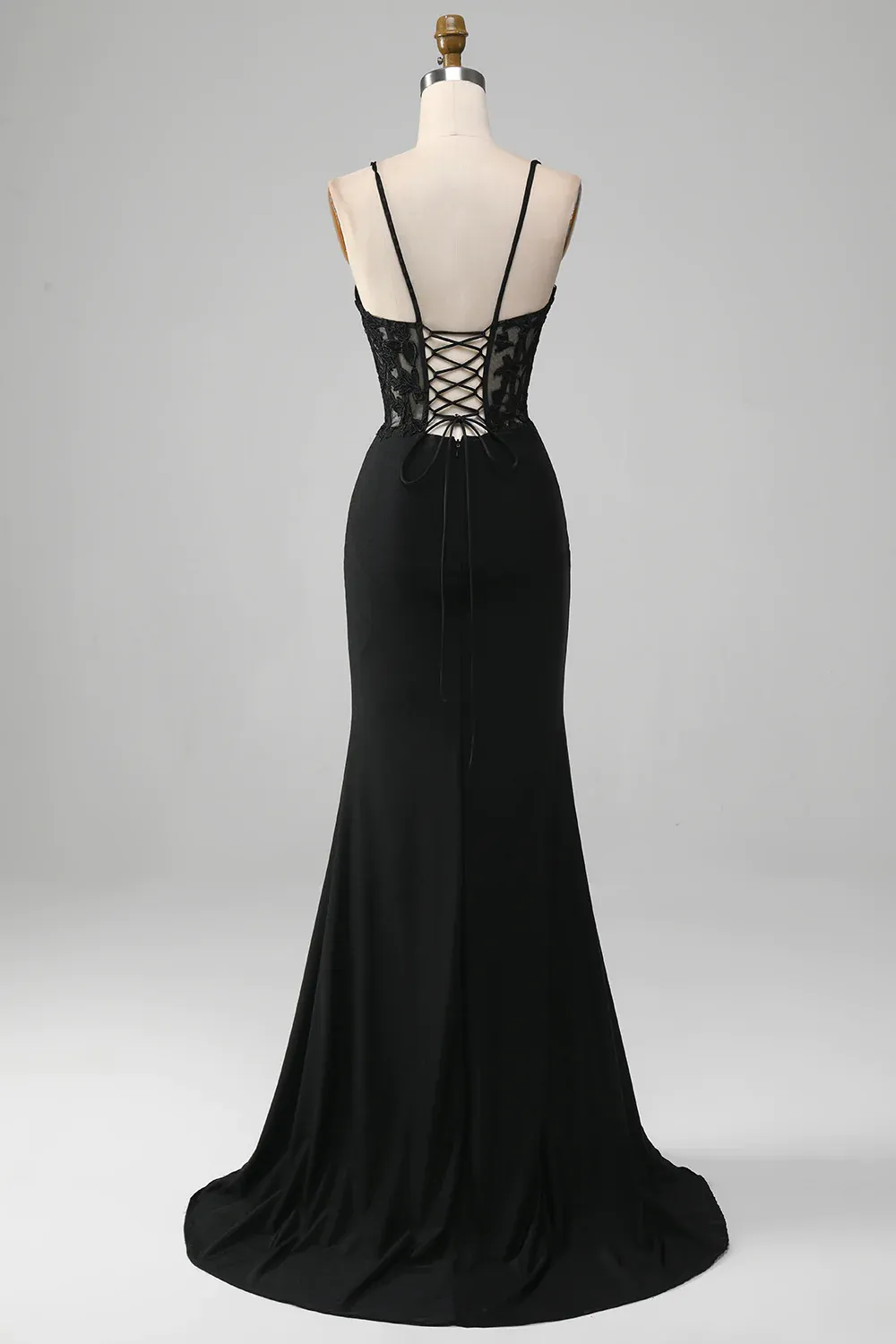 Black Spaghetti Straps Corset Mermaid Long Prom Dress with Appliques,DP1529