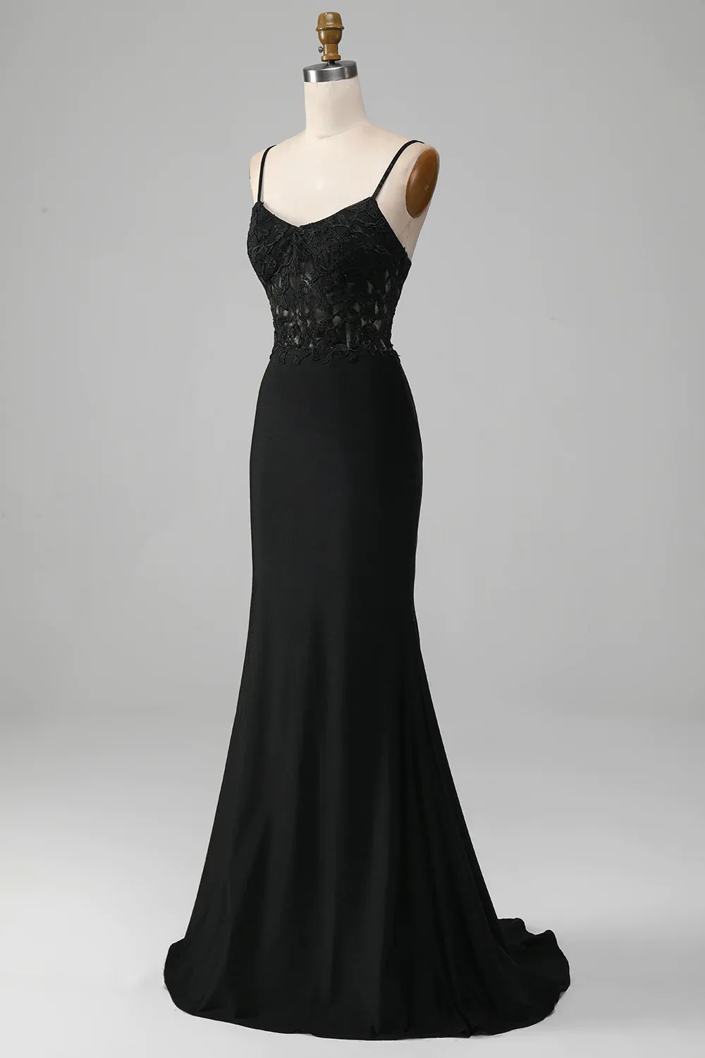 Black Spaghetti Straps Corset Mermaid Long Prom Dress with Appliques,DP1529