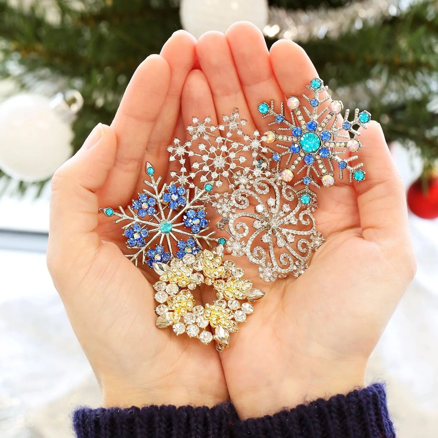 Blue Crystal or CZ Large Holiday Party Statement Snowflake Brooch Scarf Pin