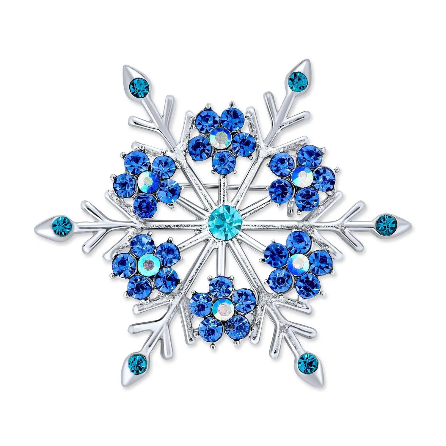 Blue Crystal or CZ Large Holiday Party Statement Snowflake Brooch Scarf Pin