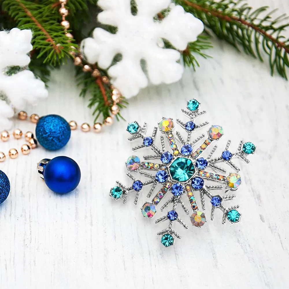 Blue Crystal or CZ Large Holiday Party Statement Snowflake Brooch Scarf Pin