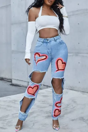 Blue High Waisted Heart Print Ripped Mom Jeans