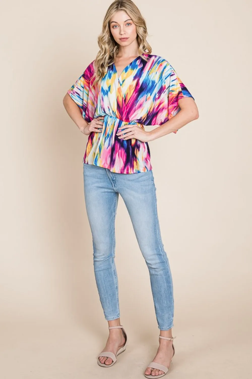 BOMBOM Printed Surplice Peplum Blouse