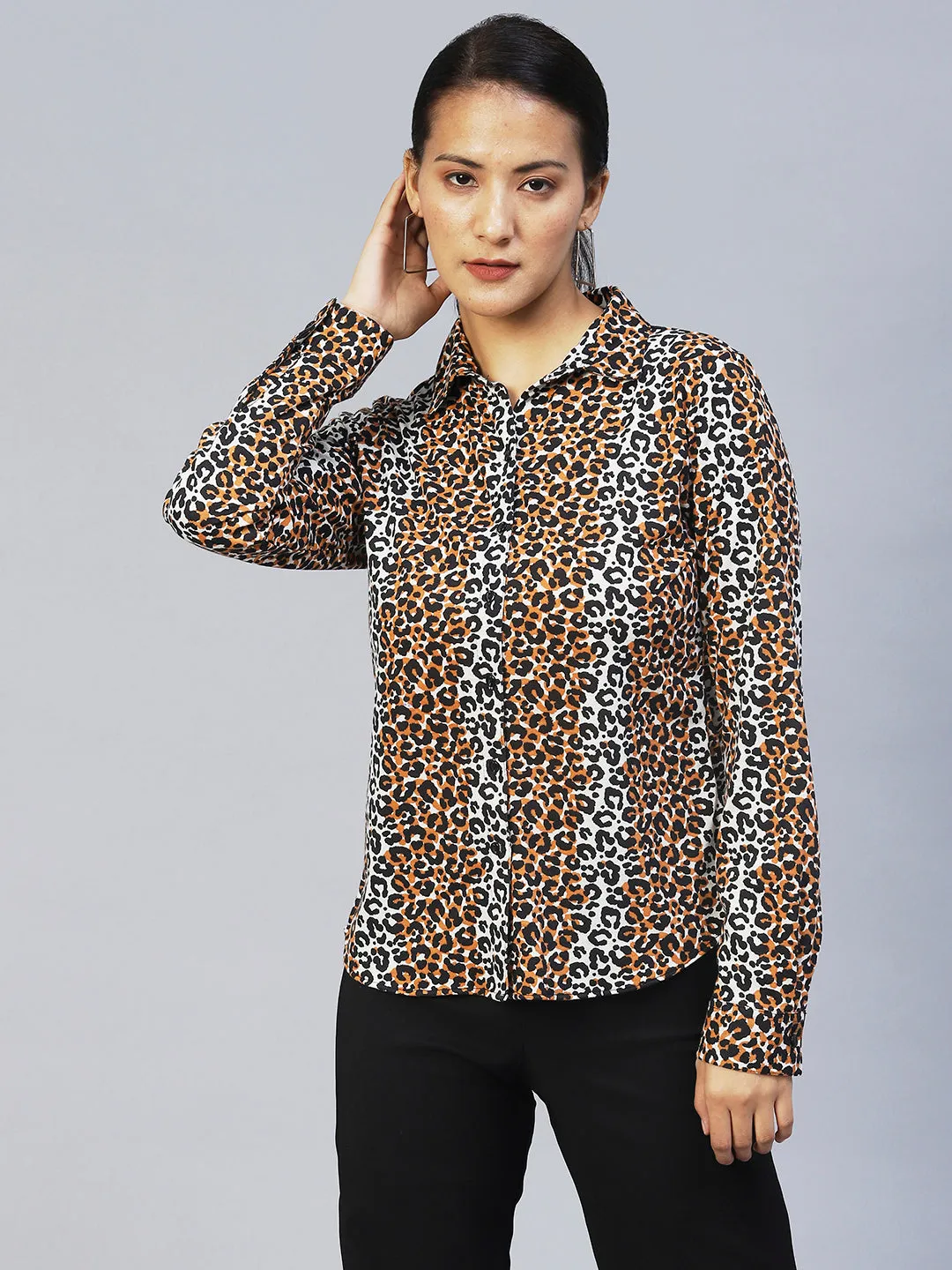 Brown Animal Print Full Sleeves Shirt