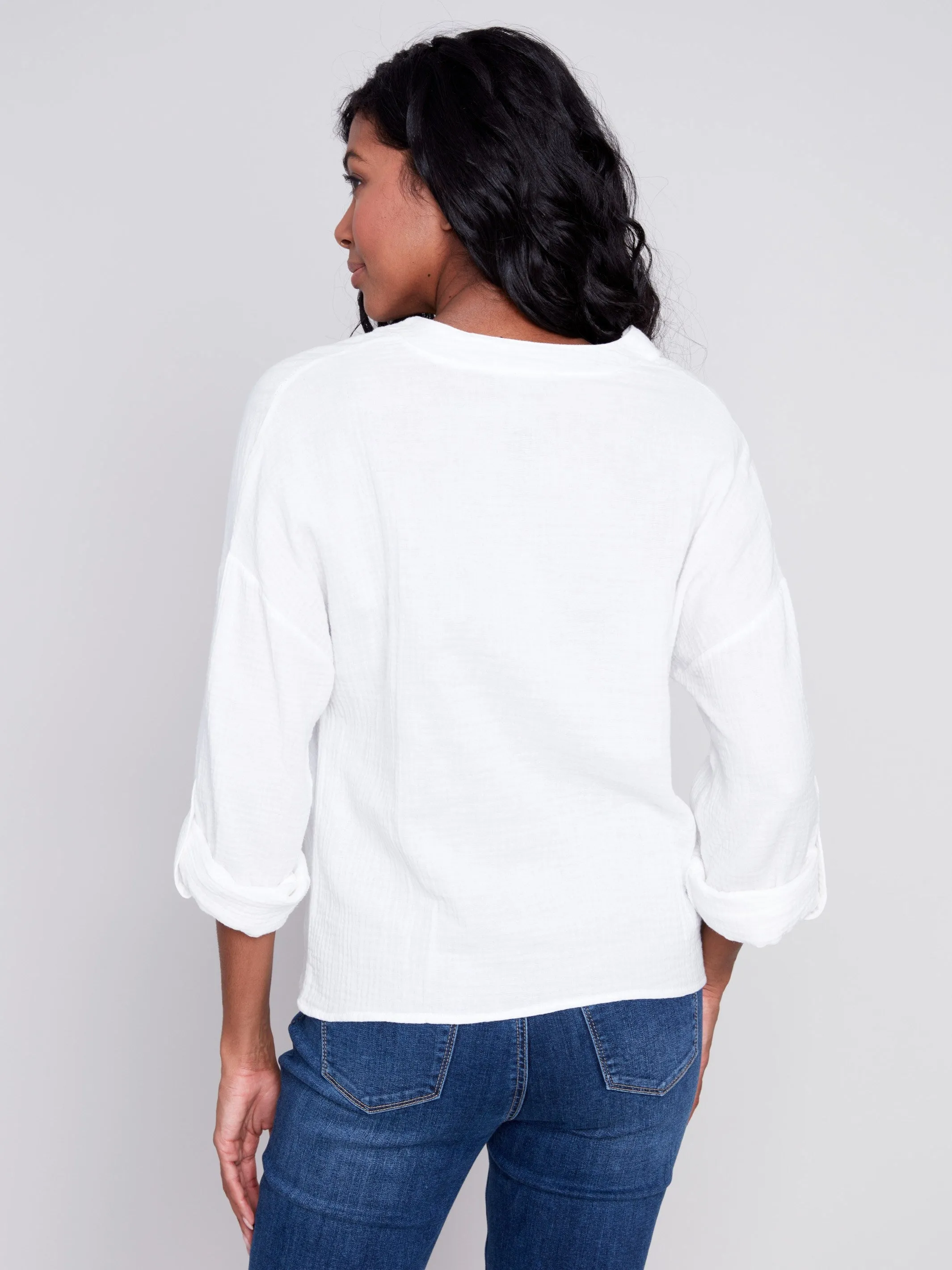 Bubble Cotton Blouse with Front Twist - White