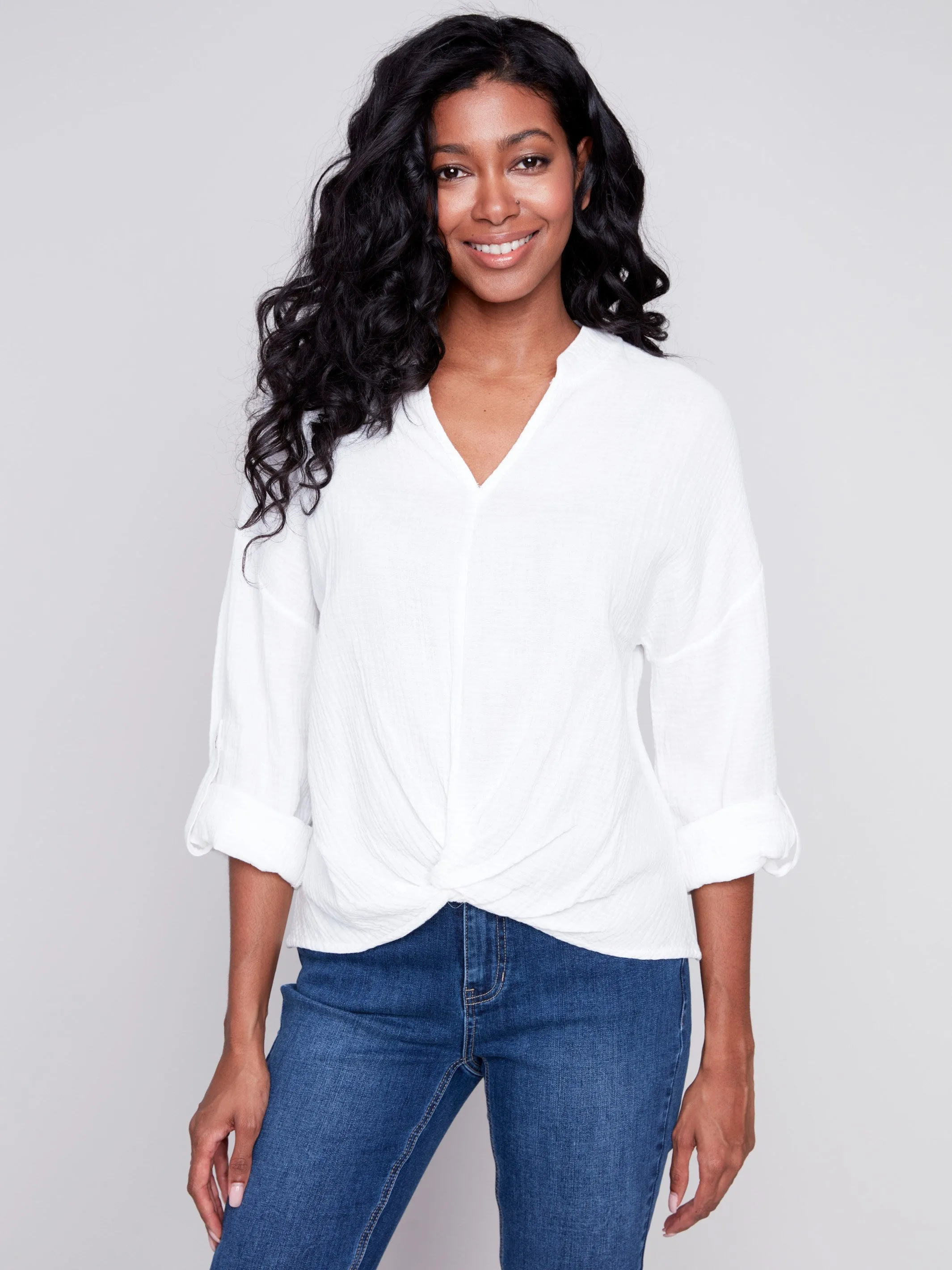 Bubble Cotton Blouse with Front Twist - White