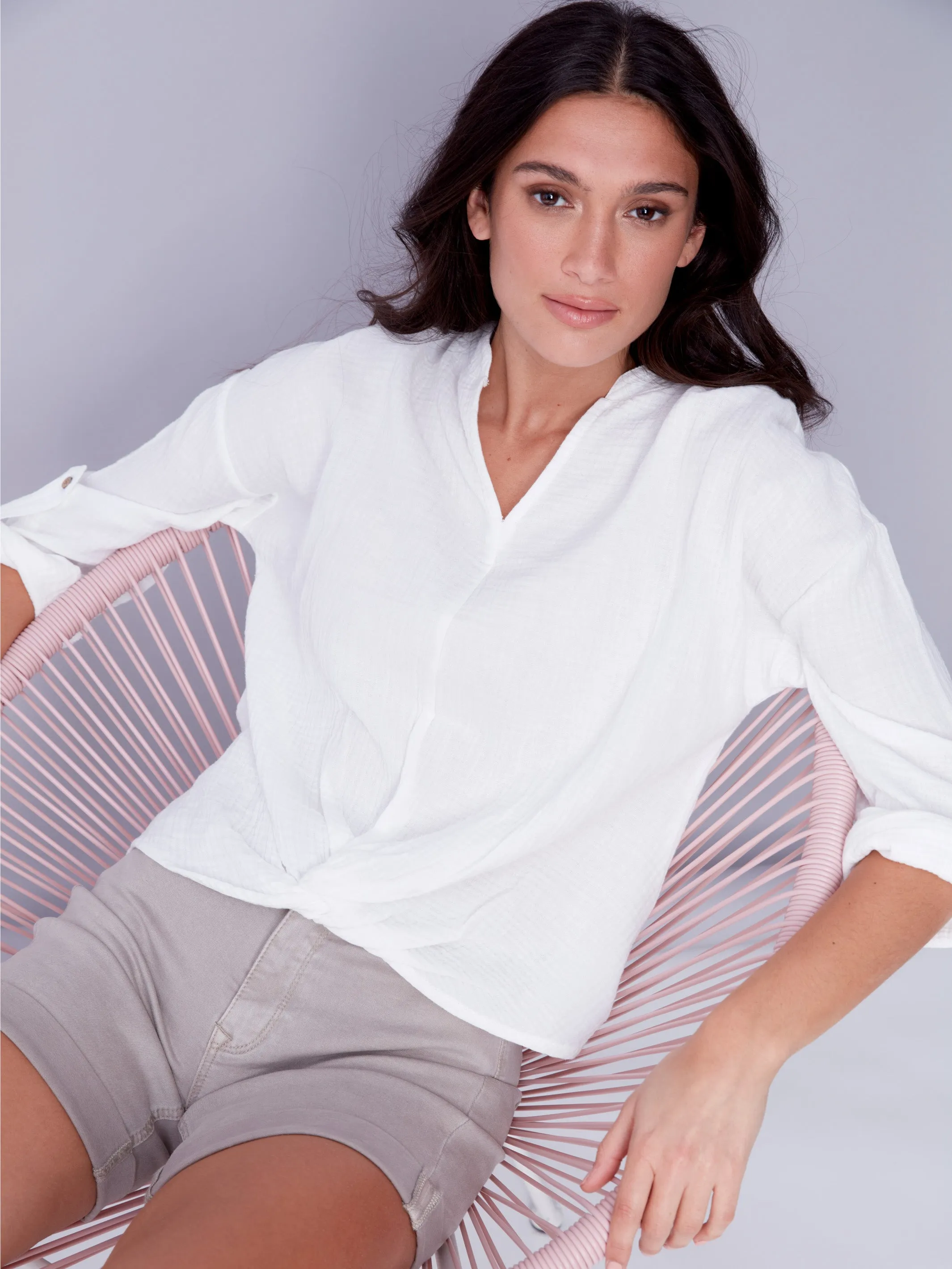 Bubble Cotton Blouse with Front Twist - White