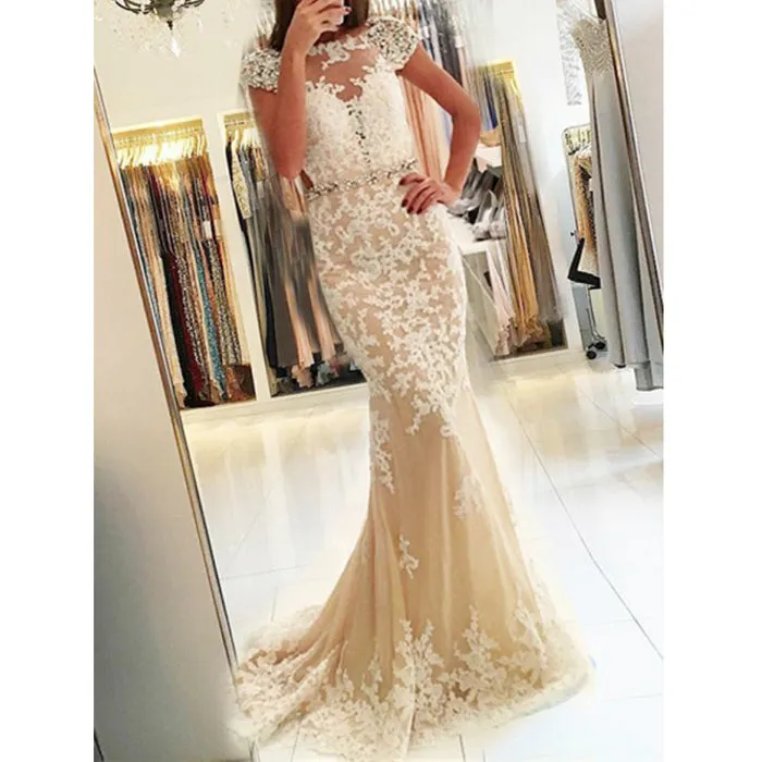 Charming Cap Sleeve Mermaid Pretty Open Back Long Prom Dress, PD0137