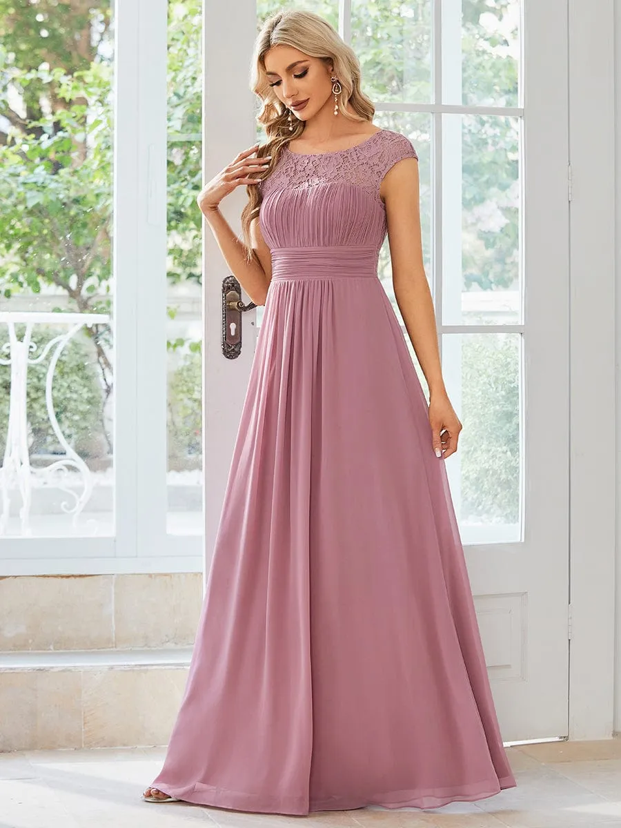 Elegant Chiffon Maxi Formal Evening Dress with Lace Cap Sleeve