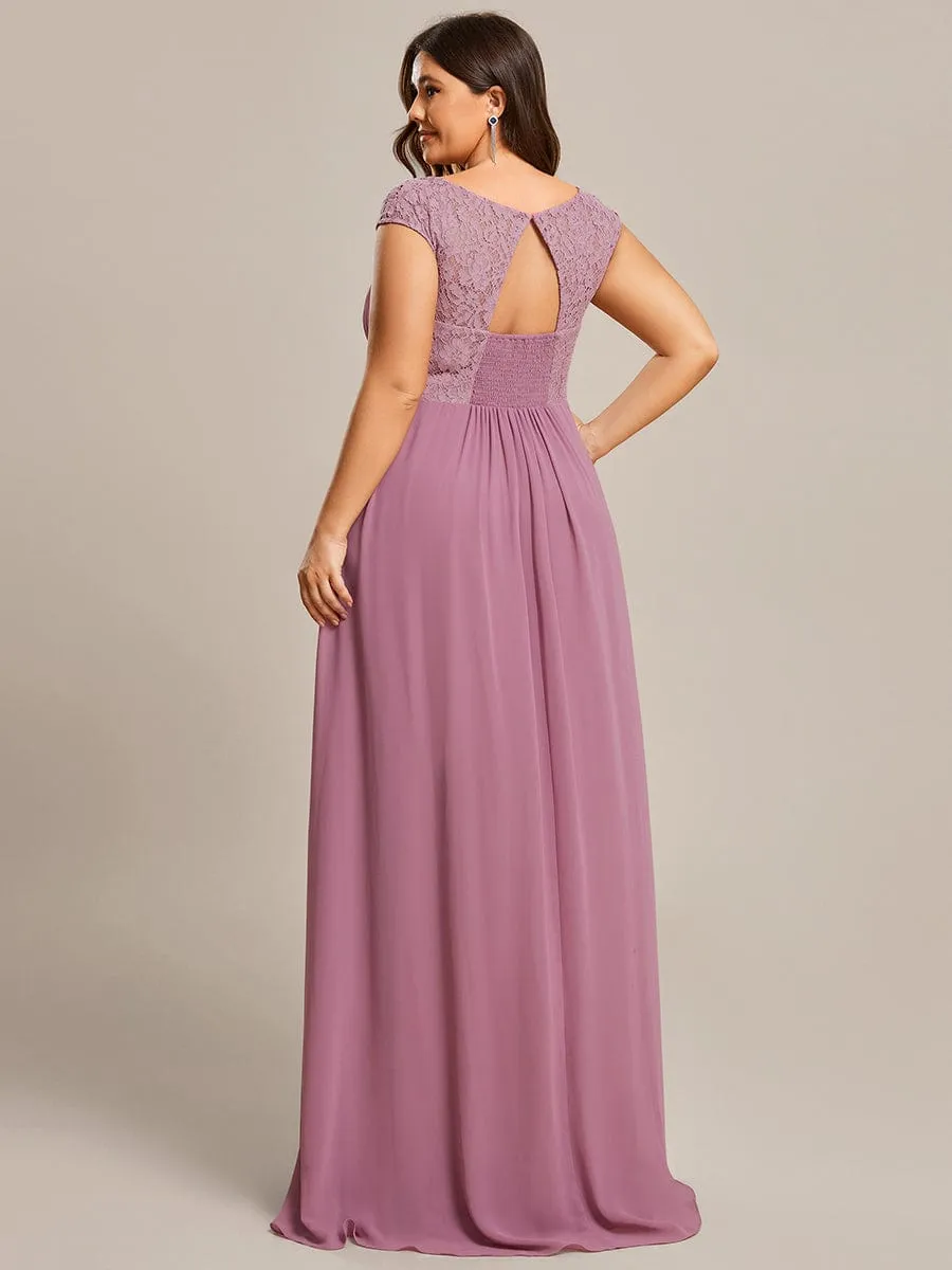 Elegant Chiffon Maxi Formal Evening Dress with Lace Cap Sleeve