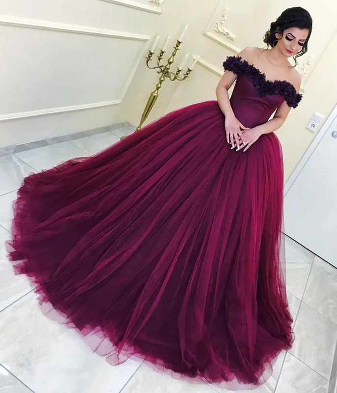 Floral Flowers V-neck Off The Shoulder Tulle Quinceanera Dresses Ball Gowns