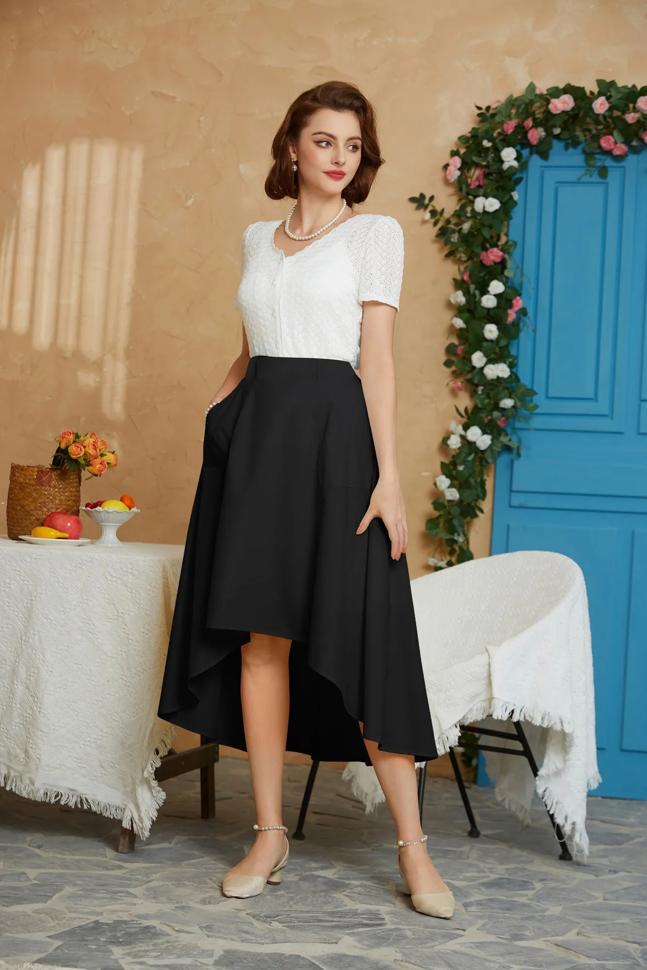 High Waisted Midi Skirts with Pockets Summer Asymmetrical Skirt