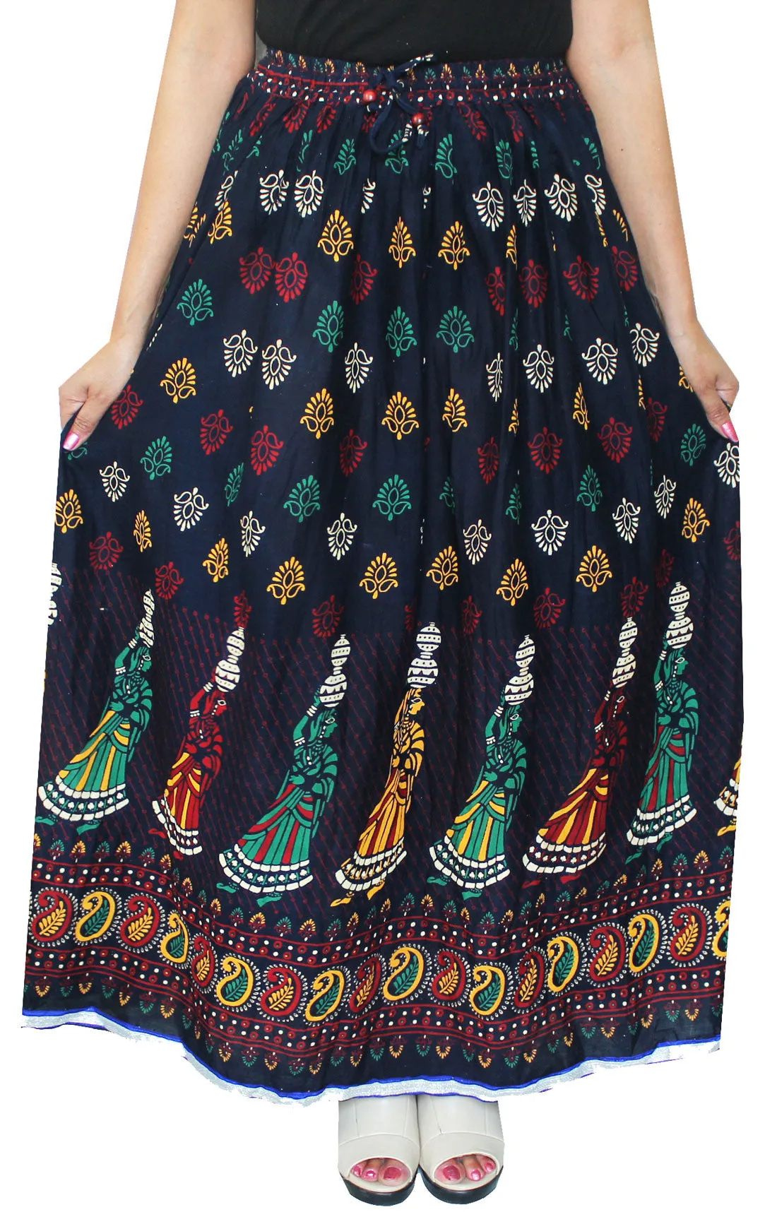 Indian Long Cotton Women Skirt Block Printed India Clothes (Blue)