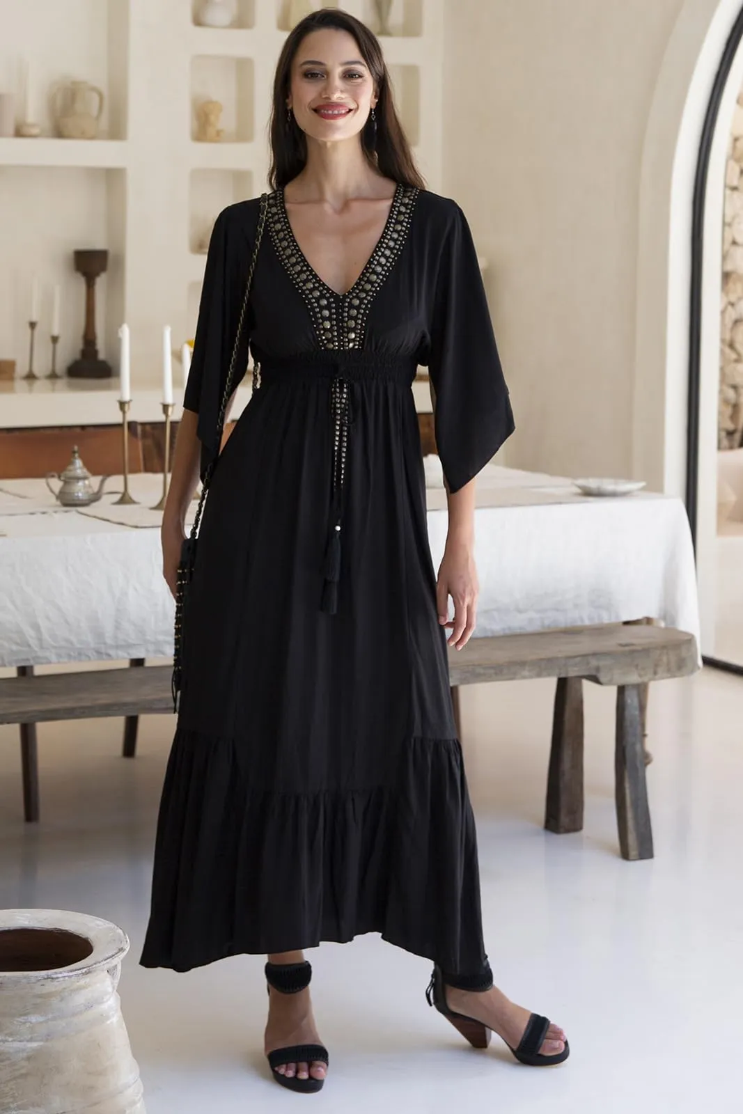 Long Flowy Beaded Deep V Neck Summer Dress