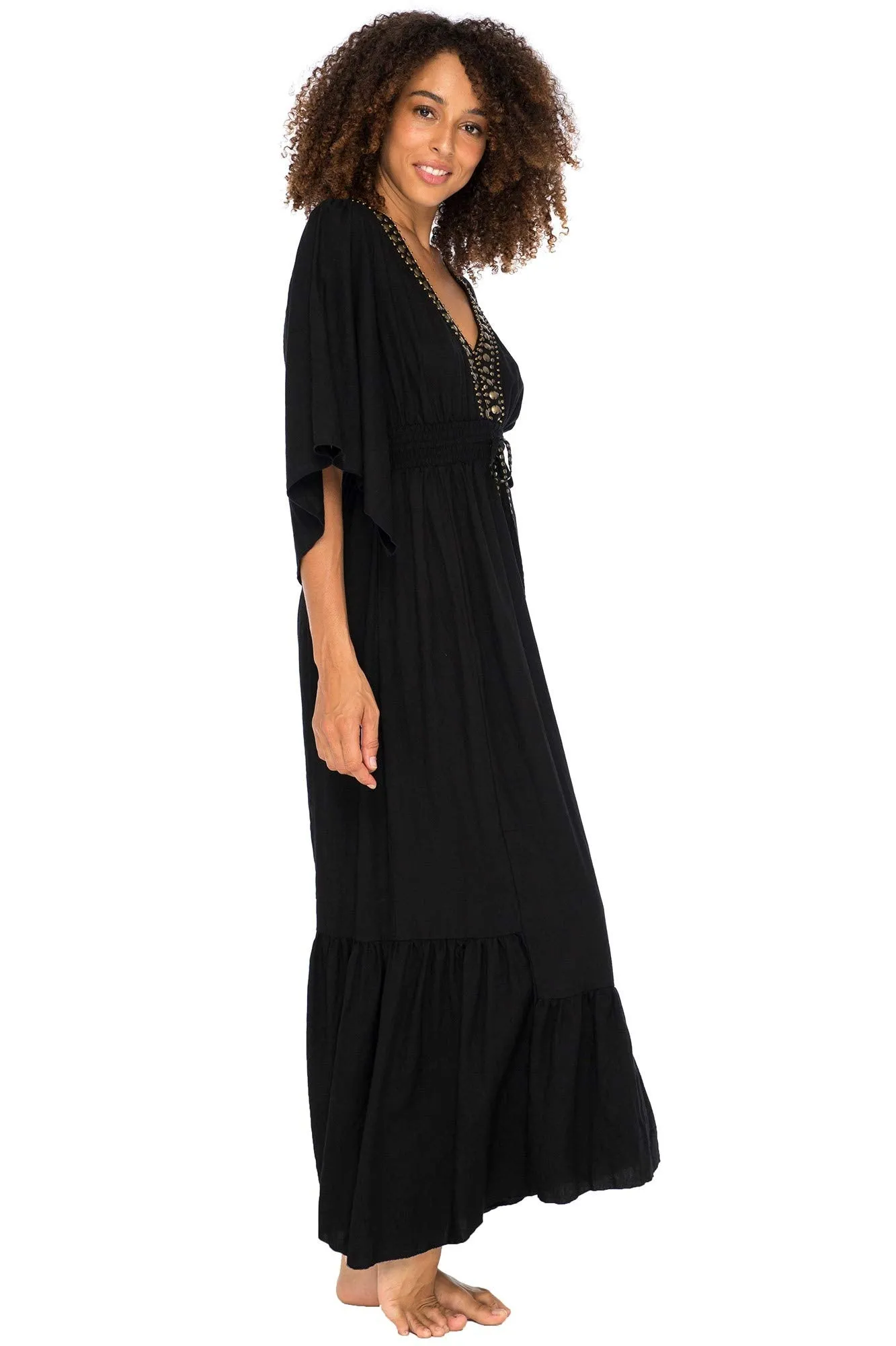 Long Flowy Beaded Deep V Neck Summer Dress