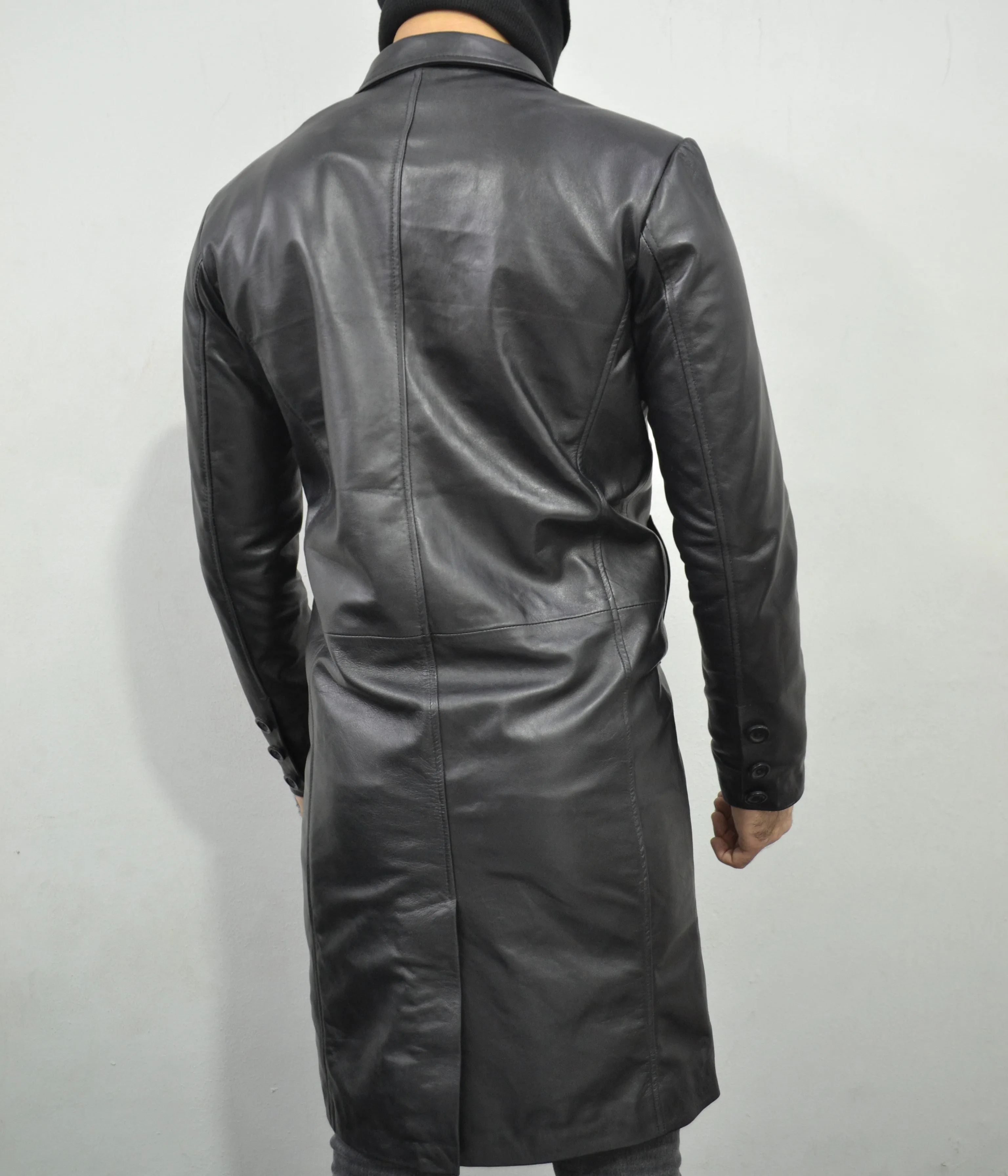 Men's black Mid-Length Genuine Lambskin Leather Trench Coat