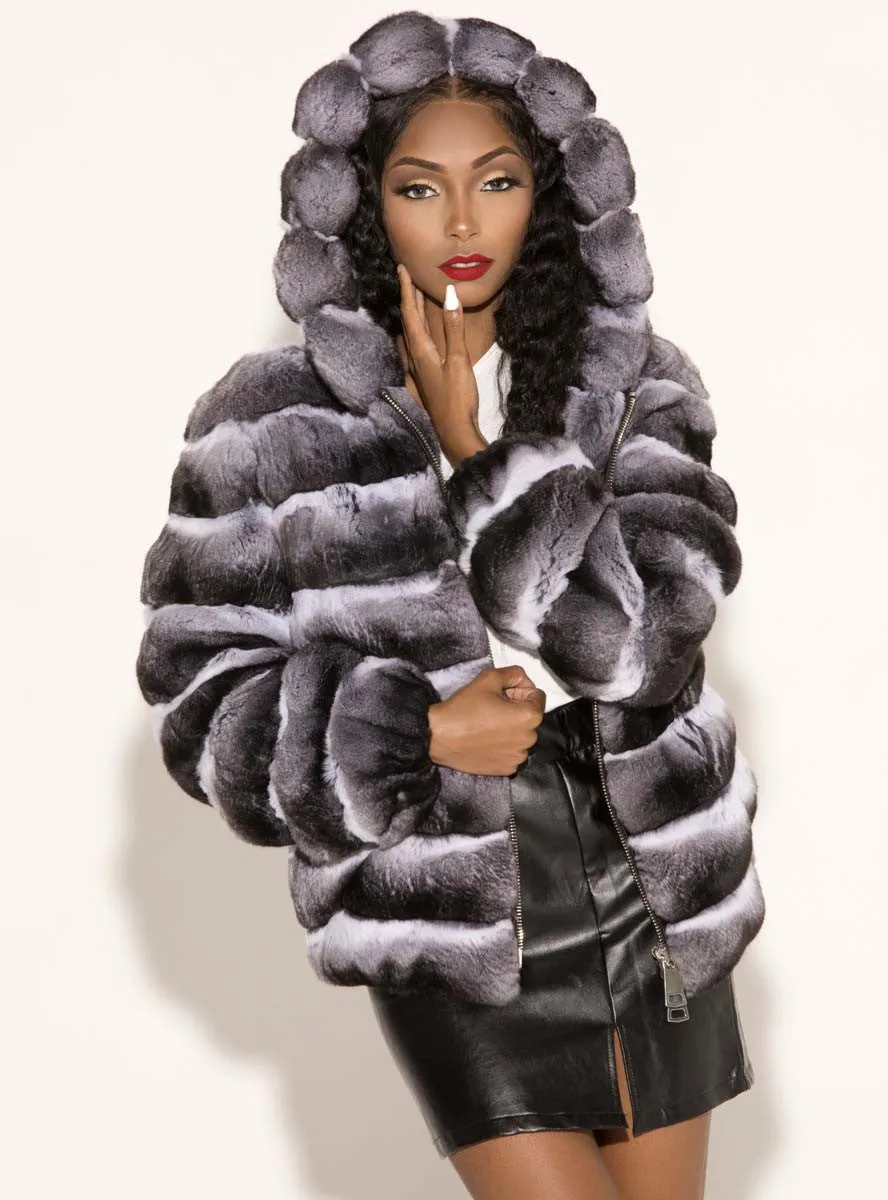 Natural Chinchilla Fur Jacket with Hood