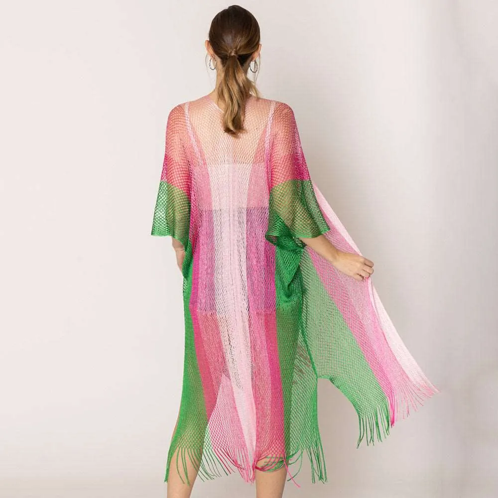 Pink and Green Two-Tone Lurex Kimono Poncho for Women