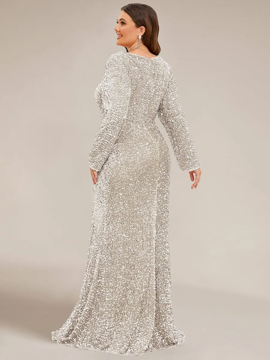 Plus Size Long Sleeve Sequin Front Slit Bodycon Evening Dress