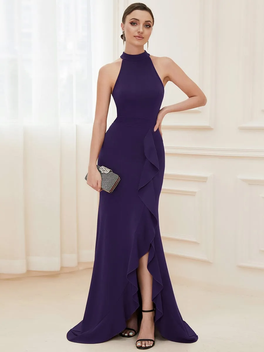 Ruffled Front Slit Cinched Waist Halter Sleeveless Evening Dress