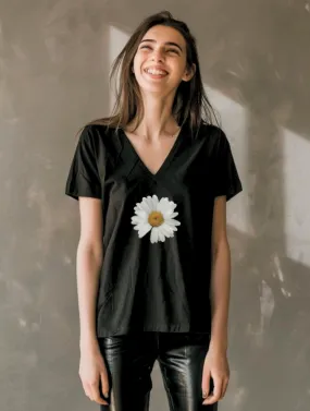 WHITE DAISY OVERSIZED TEE - BLACK