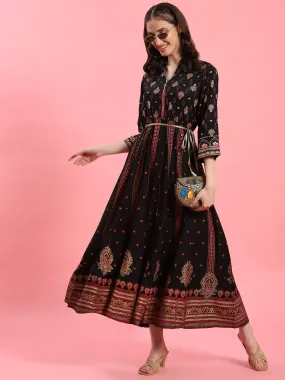 Women Black Ornamental Printed Dress